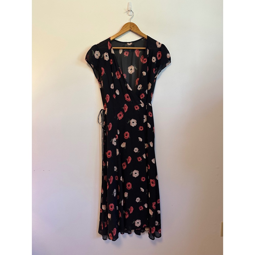 Reformation Black Floral Poppy Print Viscose Wrap Midi Dress | Size Large